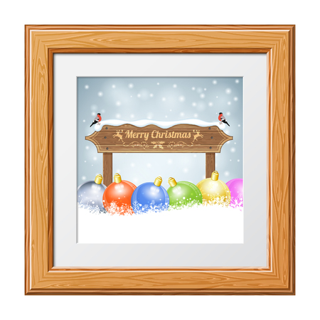 Christmas background with Wooden Plaque, Bullfinches and Bauble in Wooden Frame. Vector Template for Cover, Flyer, Brochure.のイラスト素材