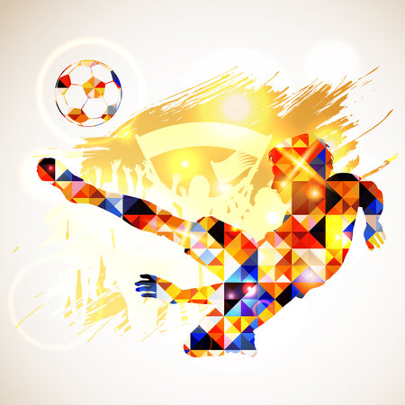 Silhouette Soccer Player and Ball in Mosaic Pattern with Fans on Grunge Background. Vector illustration.のイラスト素材
