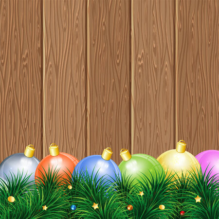 Christmas Theme with Wooden Boards, Baubles and Fir Branches, vector background.のイラスト素材