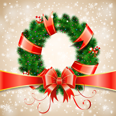 Decorative Christmas Wreath with Ribbon, Candy and Decoration element on Bokeh Background, vector illustration.のイラスト素材