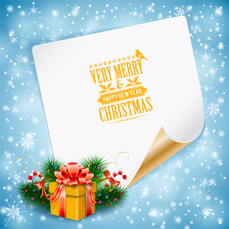 Christmas Greeting Card with Candy, Fir Branches, Gift and Sheet of Paper on Bright background, vector illustration.のイラスト素材