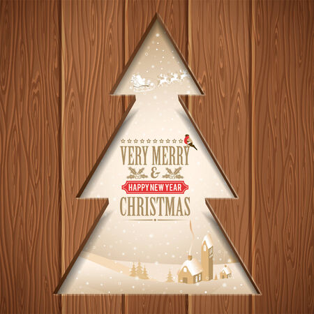 Christmas Concept with Tree, Bullfinch, Santa and House Carved from Wood. Vector background.のイラスト素材