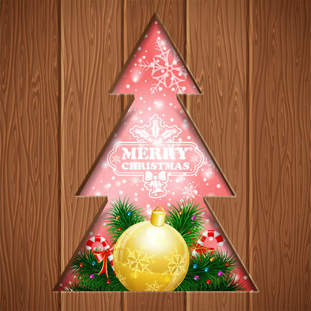 Christmas Concept with Fir Branches, Tree, Label, Bauble and Candy Carved from Wood. Vector background.のイラスト素材