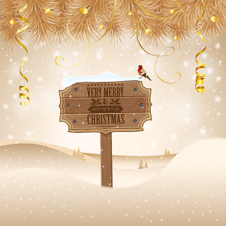 Christmas background with Wooden Plaque, Fir Branches and Bullfinch. Vector Template for Cover, Flyer, Brochure.のイラスト素材