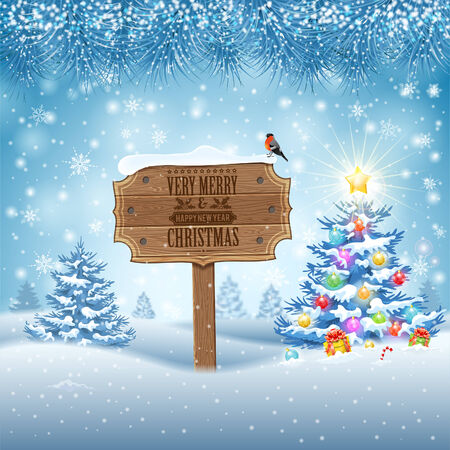 Christmas background with Wooden Sign, Tree, Fir Branches and Bullfinch. Vector Template for Cover, Flyer, Brochure, Greeting Card.のイラスト素材