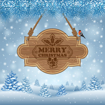 Christmas background with Wooden Sign, Tree, Fir Branches and Bullfinch. Vector Template for Cover, Flyer, Brochure, Greeting Card.のイラスト素材