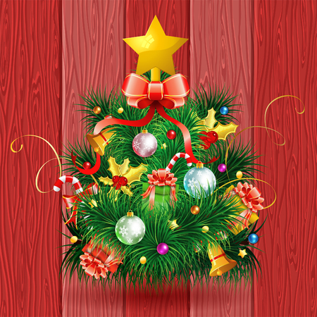 Christmas Tree with Candy, Fir Branches, Mistletoe and Gift on Red Wooden Boards background, vector illustration.のイラスト素材