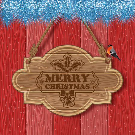 Christmas background with Wooden Sign, Fir Branches and Bullfinch on Red Wooden Boards background. Vector Template for Cover, Flyer, Brochure, Greeting Card.のイラスト素材