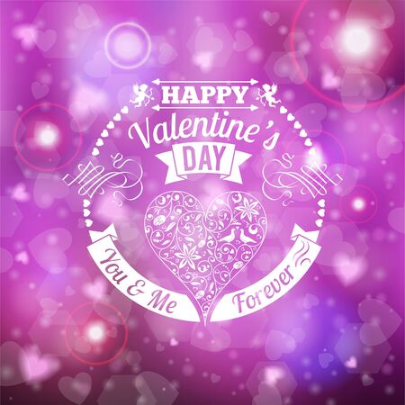 Happy Valentine's Day Card with Retro Label, Heart, Ribbon and Cupids on Blurred Bokeh Background.のイラスト素材
