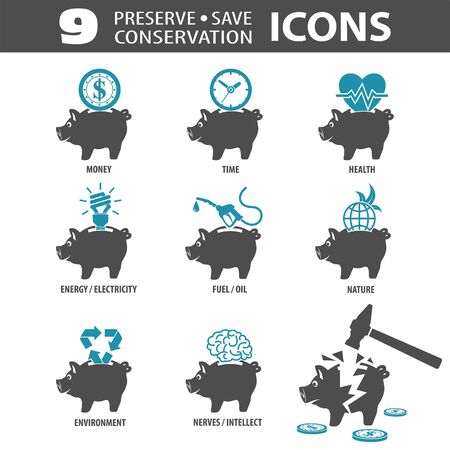Set Preserve, Save, Conservation Icons with Piggy Bank and Money, Time. Vector isolated on white background.のイラスト素材