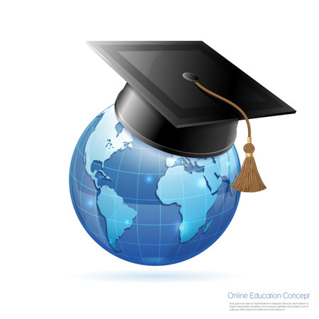 Online Education & E-Learning Concept with realistic 3D icons Earth and Mortarboard. Vector illustration isolated on white.のイラスト素材