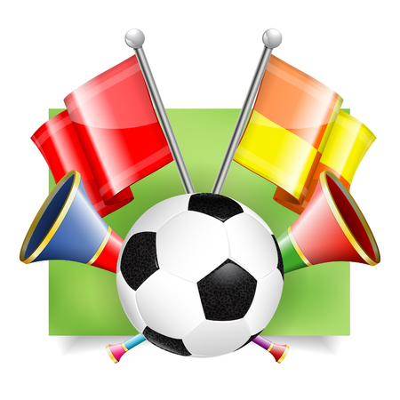 Soccer Banner with Soccer Ball, Flags and Vuvuzela in 3D Realistic Style. Can be used for web banners, flyer, poster and printing advertising. Vector Illustration.のイラスト素材