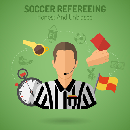 Football Poster with Soccer Referee, Flags, whistle and Stopwatch Flat Icons. Can be used for flyer, poster and printing advertising. Vector Illustration.のイラスト素材