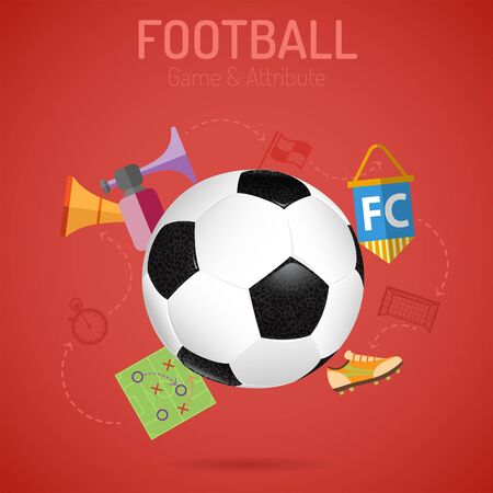 Football Poster with Soccer Ball, Flags and Attributes Icons. 3D Realistic and Flat icons. Can be used for flyer, poster and printing advertising. Vector Illustration.のイラスト素材