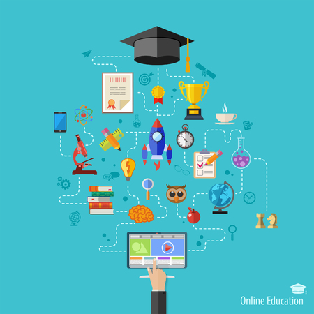 Online Education Vector Concept with Flat Icon Set for Flyer, Poster, Web Site Like mortarboard, books, hand and computerのイラスト素材