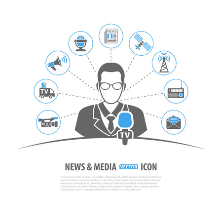 Media and News Vector Concept with Icon set in two color such as Journalist Microphone Newspaper Camera Satellite Megaphone, may be used for Flyer, Poster, Web Siteのイラスト素材