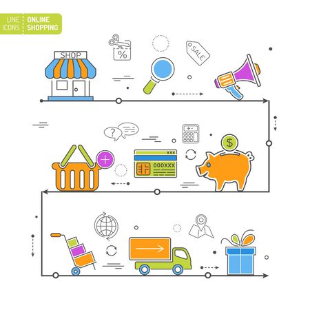 Online Shopping Thin Lines Color Web Icon Set for Flyer, Poster, Web Site Like Shop, Delivery, Marketing, Support, Cart, Saleのイラスト素材