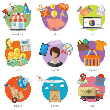 Internet Shopping, Delivery and Cargo Detailed Flat Icon Set for e-commerce with money, truck, gift symbols. Vector isolated on white.のイラスト素材