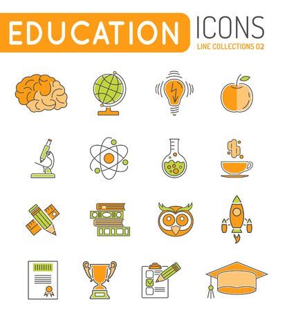 Online Education Thin Lines Color Web Icon Set with Flat elements for Flyer, Poster, Web Site Like mortarboard, books, brain and trophyのイラスト素材