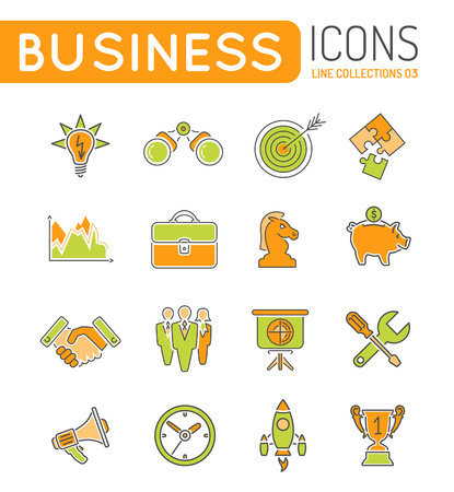 Business Thin Lines Color Web Icon Set with Flat elements for Flyer, Poster, Web Site Like Finance, Strategy, Idea, Research, Teamwork, Successのイラスト素材