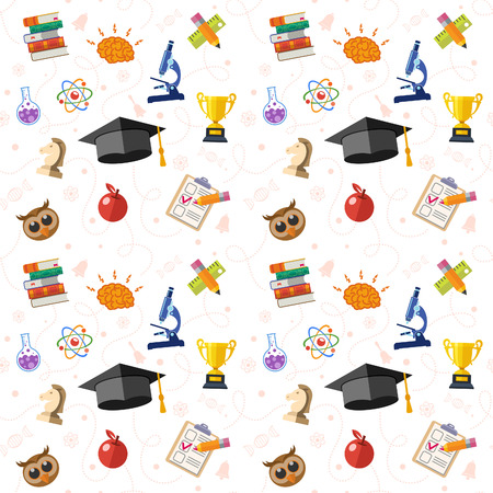 Education Seamless Pattern with Flat Icon Set for Flyer, Poster, Web Site Like mortarboard, books, brain and trophyのイラスト素材
