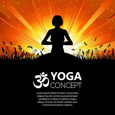 Silhouette of a Girl in Yoga pose on Nature background with grass, flower and butterfly. Vector illustration.のイラスト素材