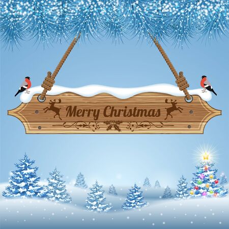 Christmas background with Wooden Sign, Bullfinch and Fir Tree. Vector Template for Cover, Flyer, Brochure, Greeting Card.のイラスト素材