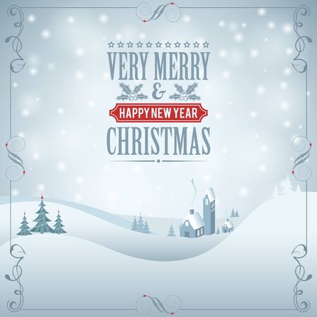 Christmas Poster with Retro Frame, Label, Tree and House. Vector Template for Cover, Flyer, Brochure.のイラスト素材
