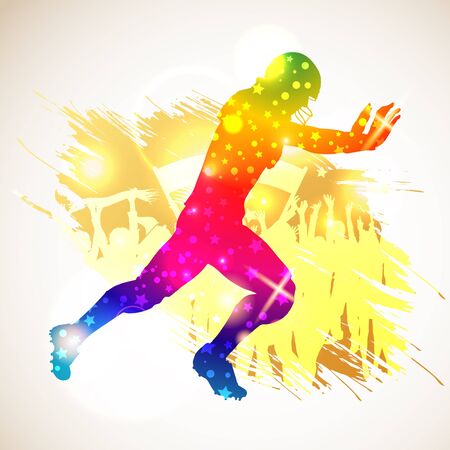 Bright Rainbow Silhouette American Football Player and Fans on grunge background, vector illustrationのイラスト素材
