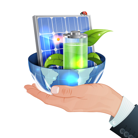 Green Energy Concept - Hand with Solar Panel, Young Green Sprout, Battery and Earth in Realistic 3D style. Vector Template can be used for Cover, Brochure, Poster and Printing Advertising.のイラスト素材