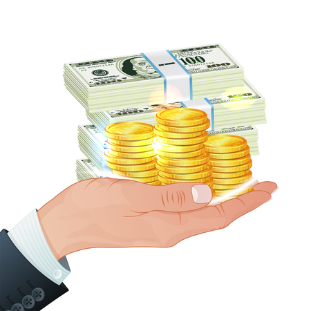 Concept Success in Business. Hand with Coins and Dollar Packs in Realistic 3D style. Vector Template can be used for Cover, Brochure, Poster and Printing Advertising.のイラスト素材