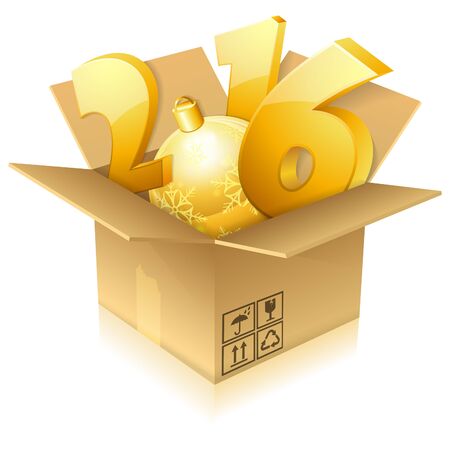 New Year 2016 numbers in Cardboard Box, icon isolated on white. Vector Template for Cover, Flyer, Brochure, Greeting Card.のイラスト素材