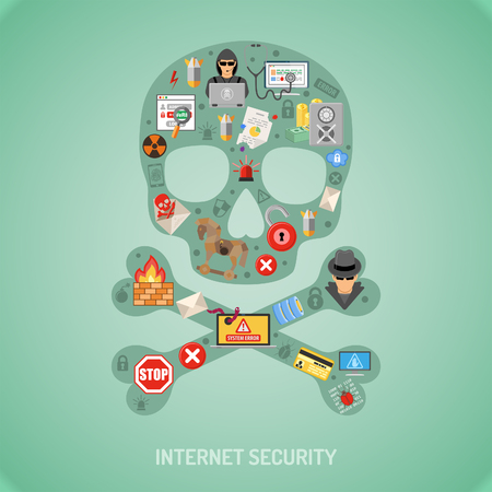 Internet Security Concept with Flat Icon Set for Flyer, Poster, Web Site, Printing Advertising Like Hacker, Virus, Spam and Thief.のイラスト素材