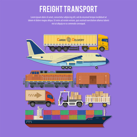 Cargo Transport and Packaging in Flat style icons such as Truck, Plane, Train, Ship.のイラスト素材