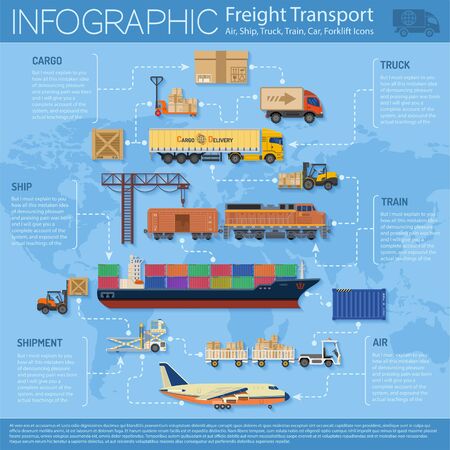 Freight Transport and Packaging Info graphics in Flat style icons such as Truck, Plane, Train, Ship.のイラスト素材