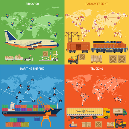 Trucking Industry Banners with Railway Freight, Air Cargo, Maritime Shipping and Trucking in Flat style icons.のイラスト素材