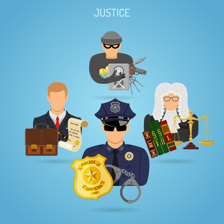 Justice Concept with Flat Icons for Poster, Web Site, Advertising like Thief, Policeman, Lawyer and Judge.のイラスト素材