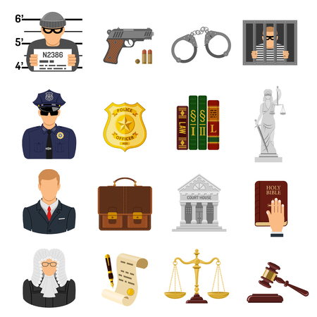Set Crime and Punishment Flat Icons for Poster, Web Site, Advertising like Thief, Policeman, Lawyer, Judge, Handcuffs, Themis and Court House.のイラスト素材