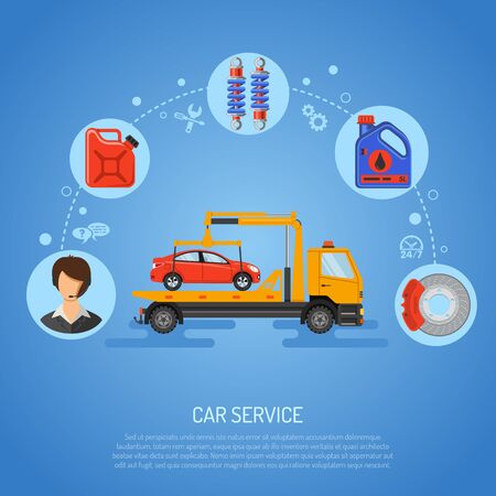 Car Service Concept for Poster, Web Site, Advertising with Flat Icons like Support, Manipulator, Oil.のイラスト素材