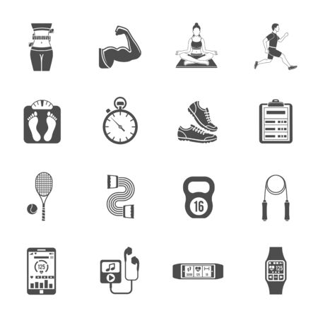 Fitness, Gym, Health Flat Icons Set for Mobile Applications, Web Site, Advertising like Yoga, Runner, Weight and Gadgets.のイラスト素材