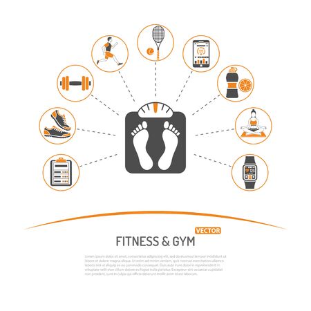 Fitness, Gym, Health Concept for Mobile Applications, Web Site, Advertising like Yoga, Runner, Weight and Gadgets Icons.のイラスト素材