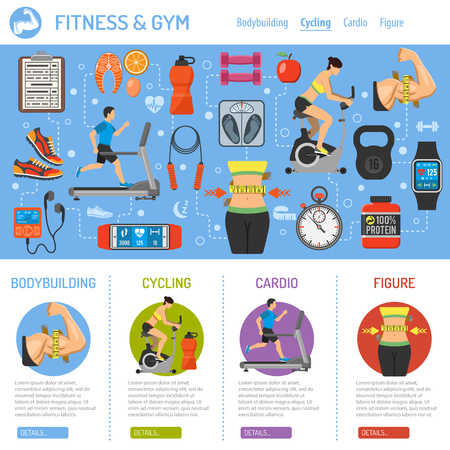 Fitness, Gym, Cardio, Healthy Lifestyle Infographics for Mobile Applications, Web Site, Advertising with Exercise Bike, Treadmill, Waist and Gadgets.のイラスト素材