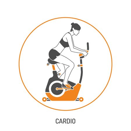 Fitness, Cardio, Healthy Lifestyle Concept for Mobile Applications, Web Site, Advertising with Exercise Bike and Woman Icons.のイラスト素材