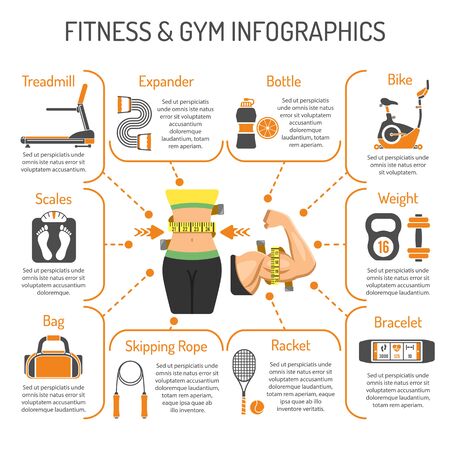 Fitness, Gym, Healthy Lifestyle Concept for Mobile Applications, Web Site, Advertising with Biceps, Waist, Exercise Bike and Scales Icons.のイラスト素材