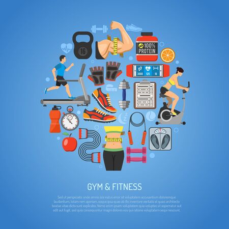 Fitness and Gym Concept for Mobile Applications, Web Site, Advertising like Waist, Exercise Bike Dambbells and Scales.のイラスト素材