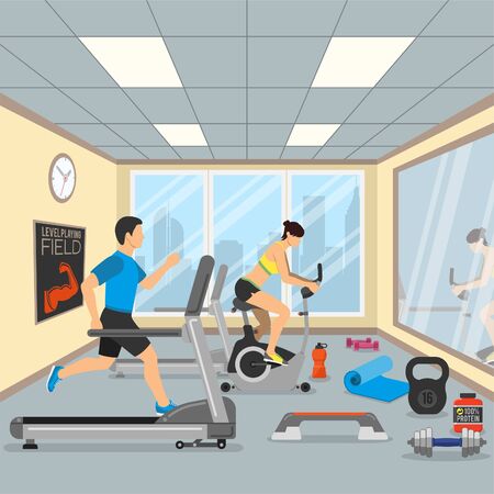 Fitness & Gym Concept for Web Site, Advertising like Treadmill, Exercise Bike and Dambbells Icons.のイラスト素材