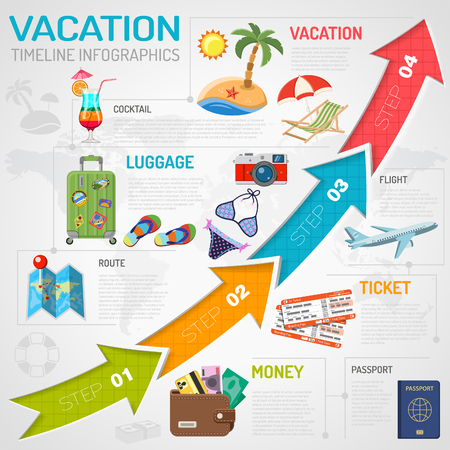 Vacation, Holiday, Tourism Timeline Infographics for Mobile Applications, Web Site, Advertising with Beach, Cocktail, Ticket Flat Icons and Arrows.のイラスト素材