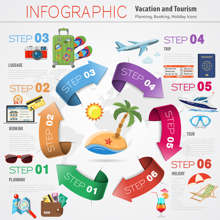 Vacation, Holiday, Tourism Timeline Infographics for Mobile Applications, Web Site, Advertising with Beach, Cocktail, Ticket Flat Icons and Arrows.のイラスト素材