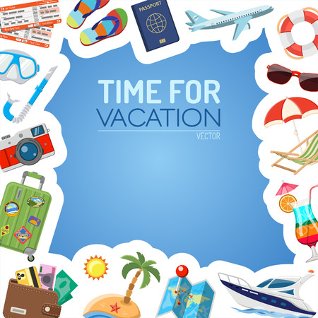 Vacation and Tourism Frame with Flat Icons for Mobile Applications, Web Site, Advertising like Boat, Cocktail, Island, Aircraft and Suitcase.のイラスト素材