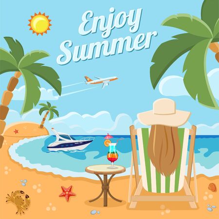 Vacation, Tourism and Summer Concept with Flat Icons for Mobile Applications, Web Site, Advertising like girl sits in chaise lounge with cocktail on the beach, boat, plane and palm trees.のイラスト素材